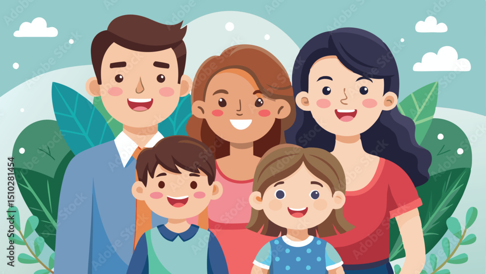 Cartoon Family Portrait of Two Parents and Two Children with Smiling Faces Posing Together Cartoon Family Portrait of Two Parents and Two Children with Smiling Faces Posing Together