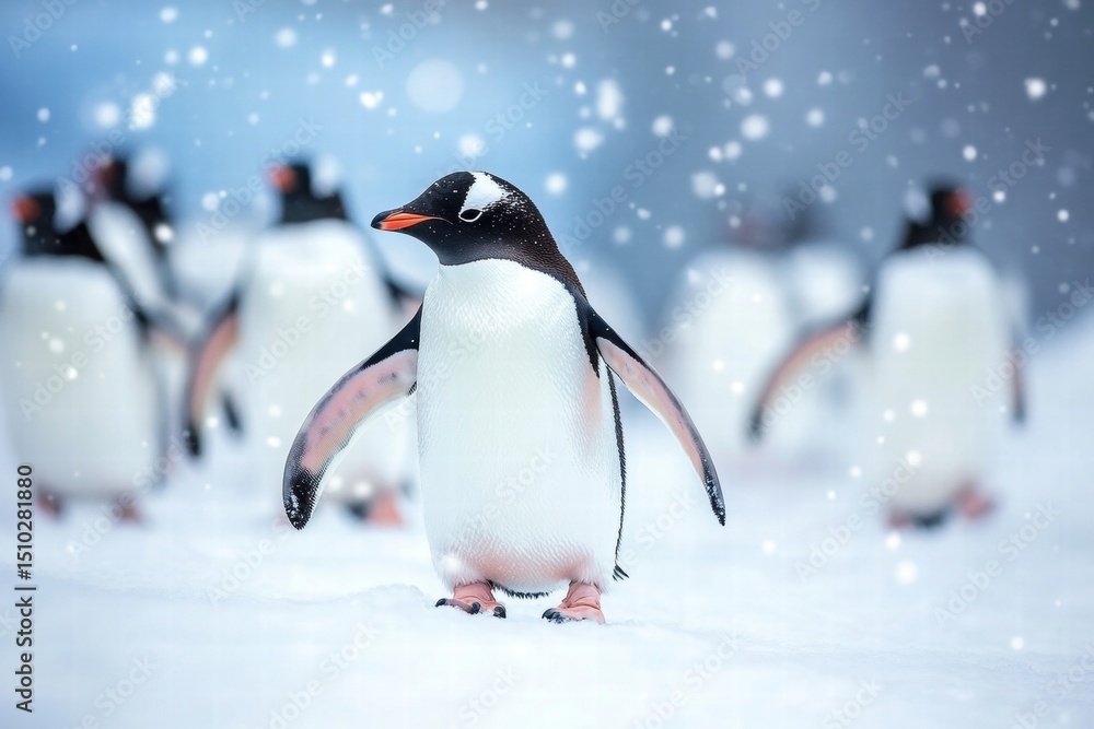 Fototapeta premium Group of penguins walking in winter snow