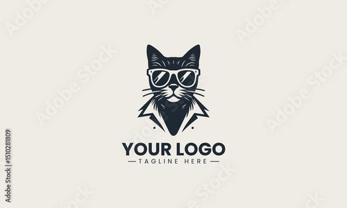 Stylized black silhouette of a cool cat in sunglasses and open-collared shirt vector logo design