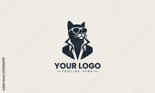 Stylized black silhouette of a cool cat in sunglasses and open-collared shirt vector logo design