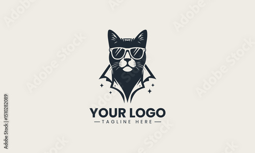 Stylized black silhouette of a cool cat in sunglasses and open-collared shirt vector logo design