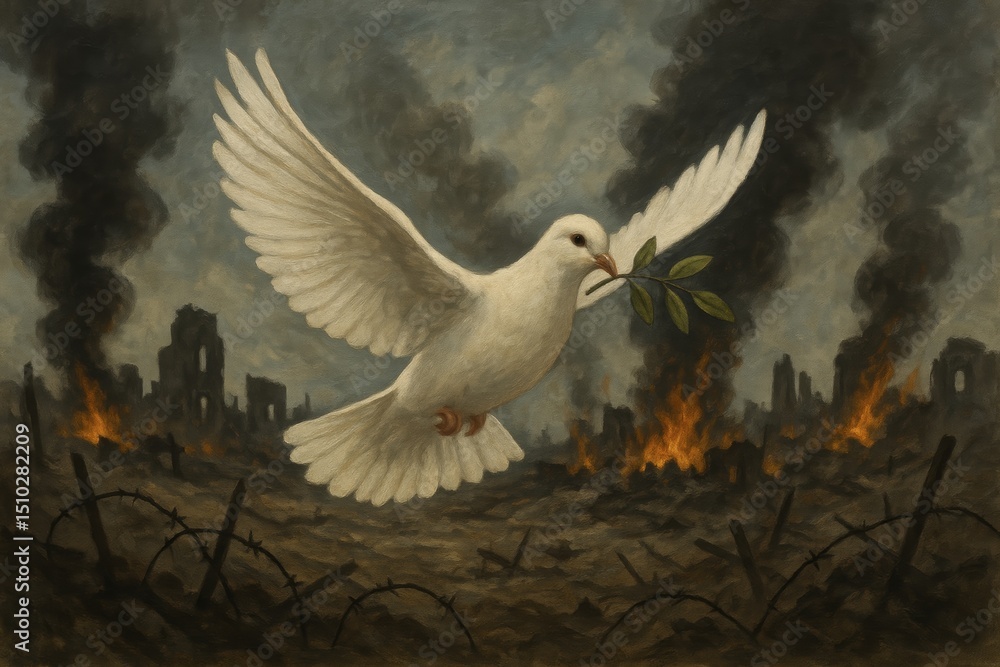 Obraz premium A white dove with an olive branch symbolizes peace amidst conflict. 