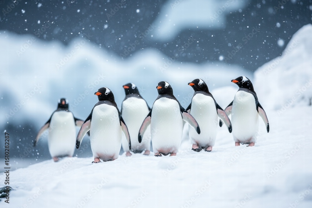 Obraz premium Penguins walking together on snowy ground