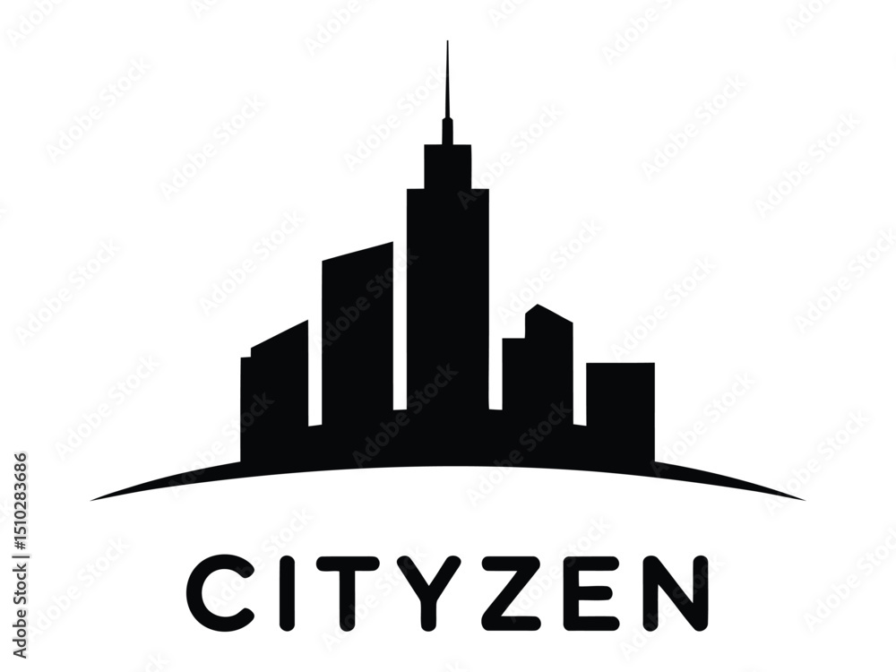 Naklejka premium Minimalist black and white cityscape logo design featuring sleek skyscrapers and urban silhouette for business branding.