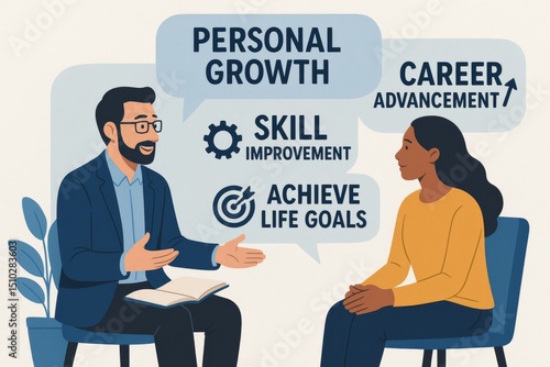 An inspirational coaching concept image showcasing a mentor giving personal growth and development advice, with a focus on career advancement, skill improvement, and achieving life goals.
