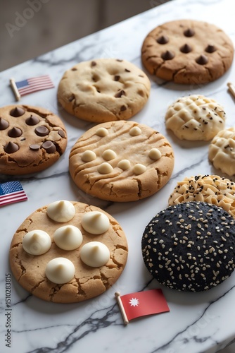 Assorted Cookie Variety Display with Flags on Marble Background