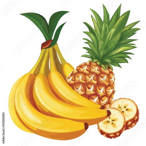 Fresh Pineapple and Banana Fruits on White Background for Healthy Nutrition Concept