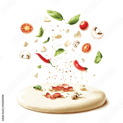 Composition of pizza ingredients falling over pizza dough on white background for culinary design