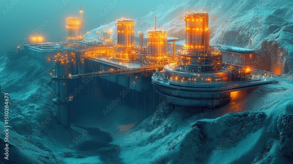 Obraz premium Futuristic, industrial complex nestled amidst icy mountains. Illuminated structures, pipelines, and energy-generating components are visible