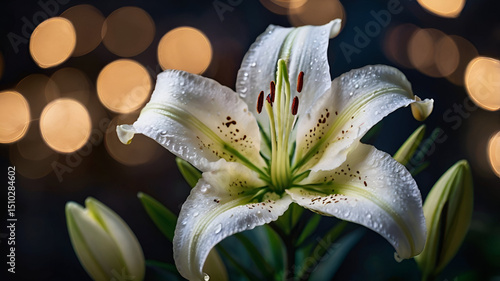 White Lily Flower Close Up at Night with Bokeh Lights