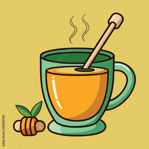 A soothing cup of steaming herbal tea with a wooden honey dipper, perfect for relaxation and wellness.