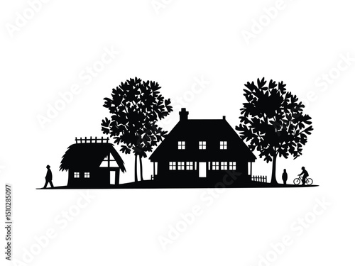 Silhouette illustration of a rural village scene featuring houses trees and a cyclist perfect for design assets.