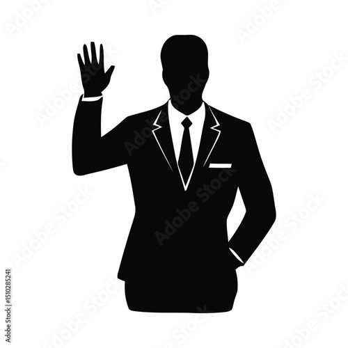 Silhouette of a businessman in a suit with hand raised in greeting or oath gesture