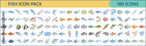 Collection of Fish Icons in Cartoon Style Representing Variety of Marine Life