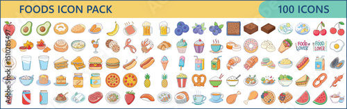 Collection of One Hundred Food Icon Illustrations for Website and Graphic Design