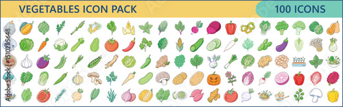 Colorful and Diverse Vegetables Icon Pack with One Hundred Unique Icons