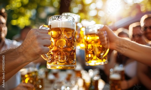 : Friends toasting with beer mugs at a lively Oktoberfest celebration in an outdoor beer garden 