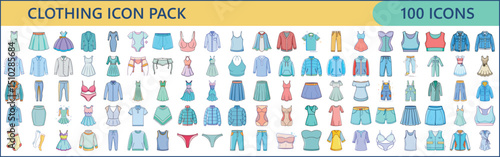 A comprehensive collection of 100 different clothing icons for fashion design purposes