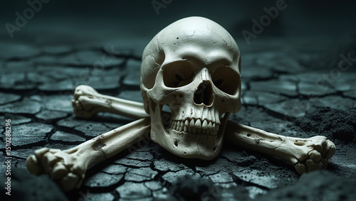 A scary human skull and crossbones symbol on a wooden background, representing danger or death