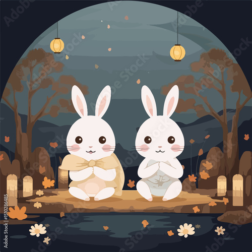 Charming Rabbits Celebrating Mid-Autumn Festival with Smiles and Seated in Traditional Attire