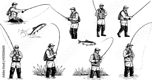 Fly fisherman fishing.clip art black fishing on white background - Vector
