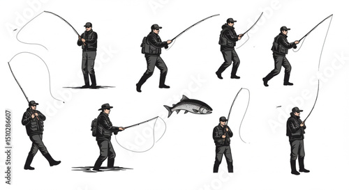 Fly fisherman fishing.clip art black fishing on white background - Vector
