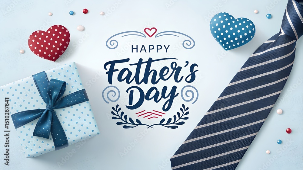 Obraz premium Father's Day Celebration: A vibrant Father's Day arrangement, featuring a heart-shaped decoration, a gift, and a patterned tie.