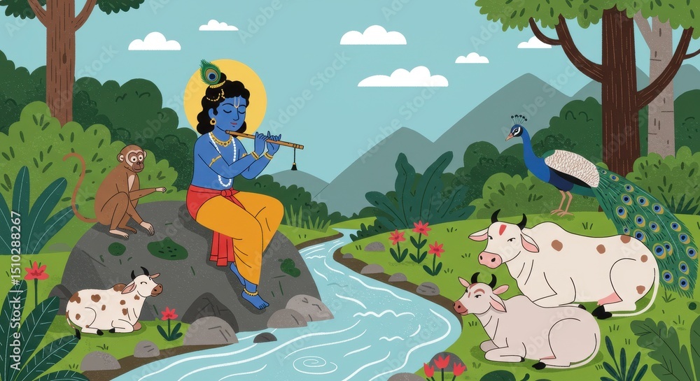 Obraz premium Krishna's Peaceful Flute Melody in Vrindavan