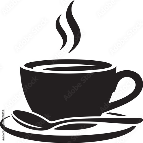 Black and white graphic of a steaming cup of coffee with a spoon on saucer
