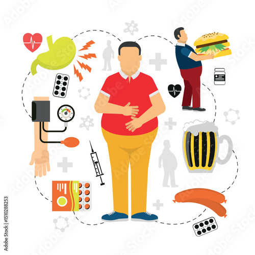 Obesity and Health Awareness – Illustration of Lifestyle Choices, Medical Risks, and Dietary Factors