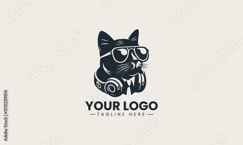 Black cat wearing headphones vector logo design with stylish and modern audio aesthetic