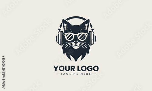 Black cat wearing headphones vector logo design with stylish and modern audio aesthetic