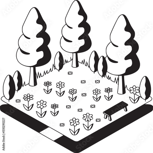 Isometric illustration of a garden with trees flowers and a bench view