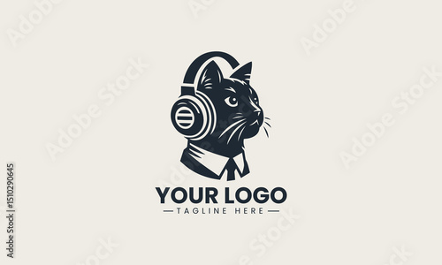Cool black silhouette of a relaxed cat wearing modern over-ear headphones vector logo design