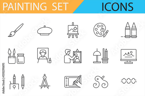 Icon Set Featuring Painting Tools, Brushes, and Artist Supplies