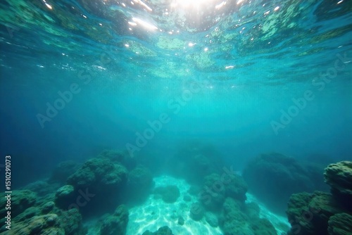 Vibrant hues of blue, green, and teal subtly blend beneath the water's surface, creating an ethereal, underwater dreamscape Perfect for abstract art, design, and environmental themes , depth, light photo