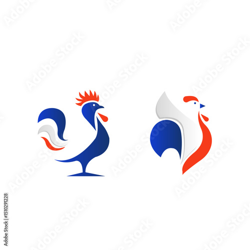 A set of two stylized rooster logos in blue, white, and red. Modern Gallic cockerel icons representing France, perfect for national or sports branding.