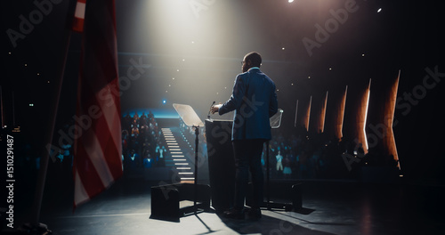 Politician Delivering a Speech at a Campaign Rally. Political Party Member Giving a Passionate Presentation to Excited Voters, Promising Wealth and Prosperity to United States of America