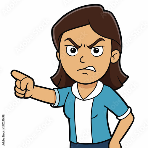 Angry woman pointing finger with stern frown showing disapproval in vector art