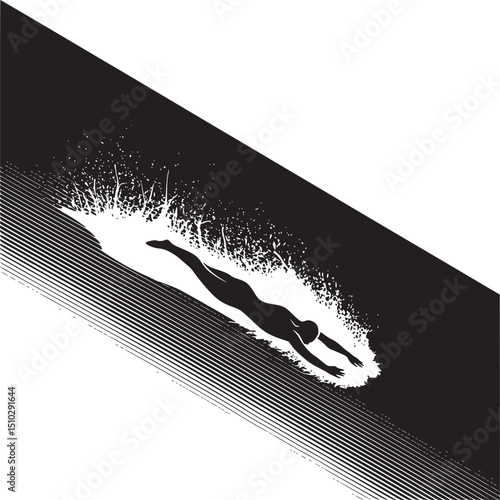 Silhouette of a swimmer diving into water in a black and white design