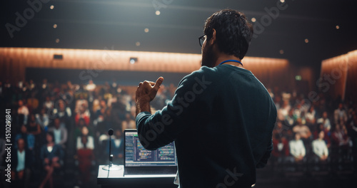 Indian Business Leader Giving a Talk on Stage at a Global Finance Summit. Audience Listening to an Insightful Talk. Speaker Standing with a Microphone and Making a Motivational Speech