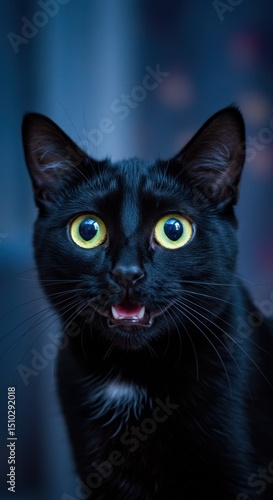 Magnificent Black Cat Portrait: A Close-Up of a Striking Feline with Bright Yellow Eyes,  Dark Fur, and Playful Expression