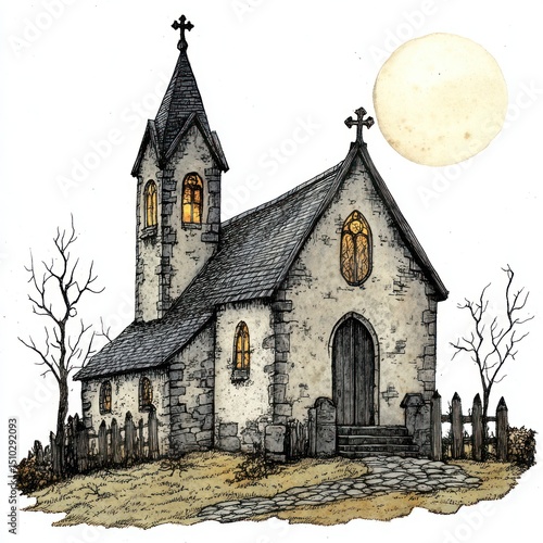 A lone church stands under a pale moon, bathed in soft light.