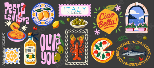 Italy aesthetic clipart set – pasta, pizza, olives, limoncello, lobster, Ciao Bella, Italian window, ceramic tiles, retro typography – colorful Mediterranean illustrations.