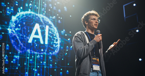 Foto AI Startup Founder Talking About Innovations in the World of Artificial Intelligence and Large Language Models