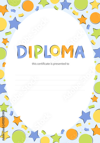 Diploma for children. Bright diploma for kindergarten and primary school students. The background is decorated with colorful geometric shapes. Vector illustration