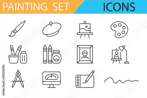 Artist Icon Set Featuring Brushes, Palettes, and Easels