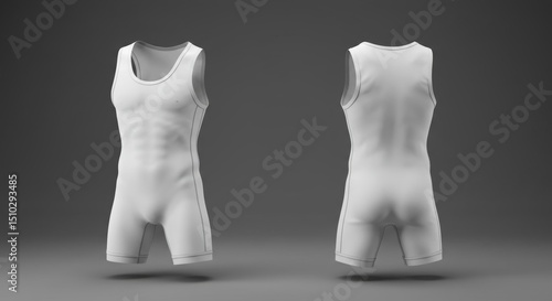 Blank wrestling singlet for male athletes in neutral studio setting. Front and back views of the garment displayed against a gray backdrop.