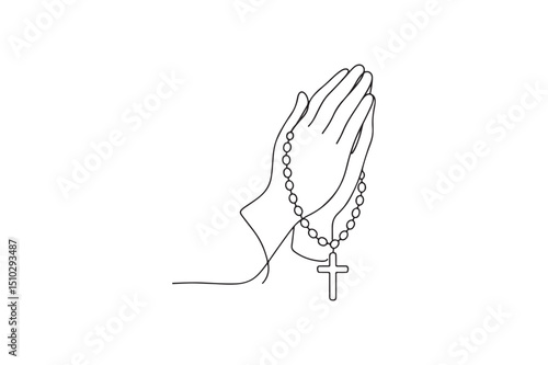 Hands praying with rosary continuous one line drawing minimalism design