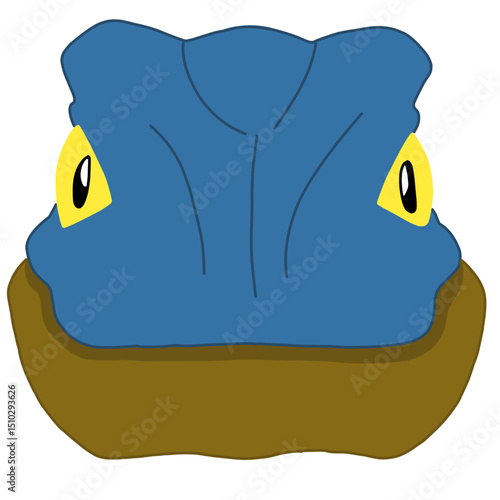 A detailed cartoon-style illustration of a Velociraptor's face viewed from the front